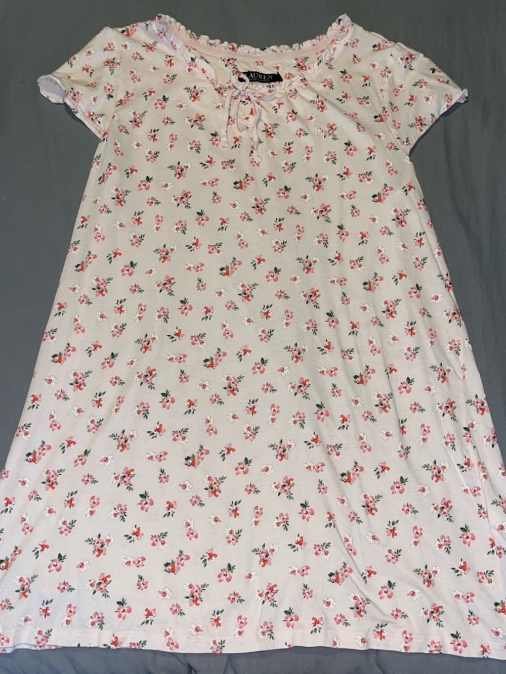 Lauren Ralph Lauren White Nightdress with Pink Floral Print and Green Leaves